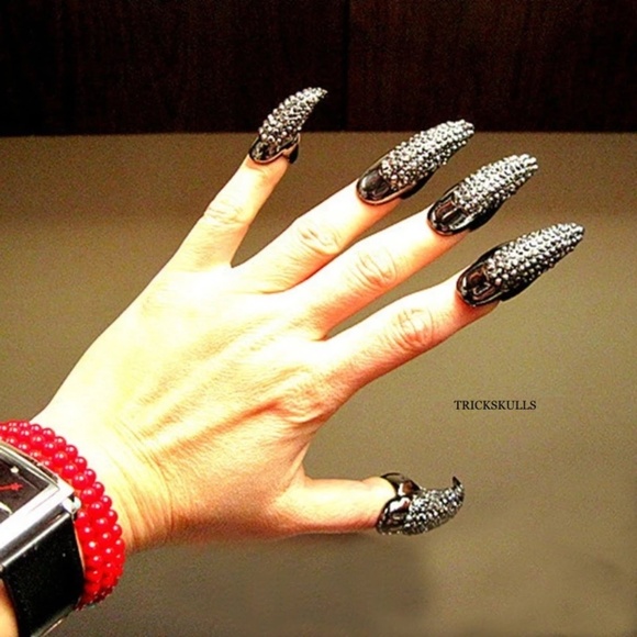 (10) Black Iced Crow Claw Fingernail Fingertip Mid Rings Nail Ring Guard Nails - Picture 6 of 7